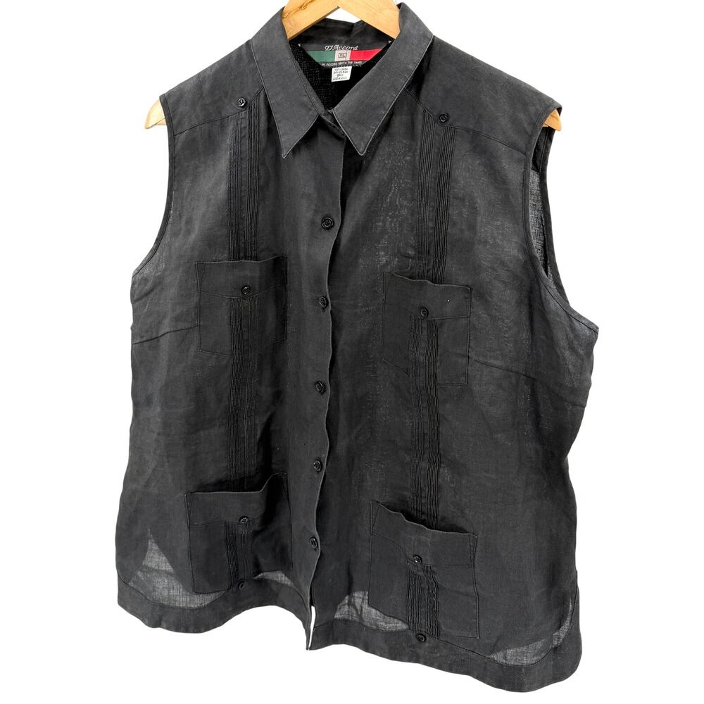 Vintage 90s D'Accord Black 100% Linen Guayabera Sleeveless Shirt